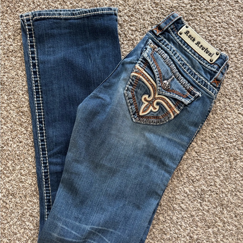 Rock Revival Blue Boot Cut Jeans with Faded Distress